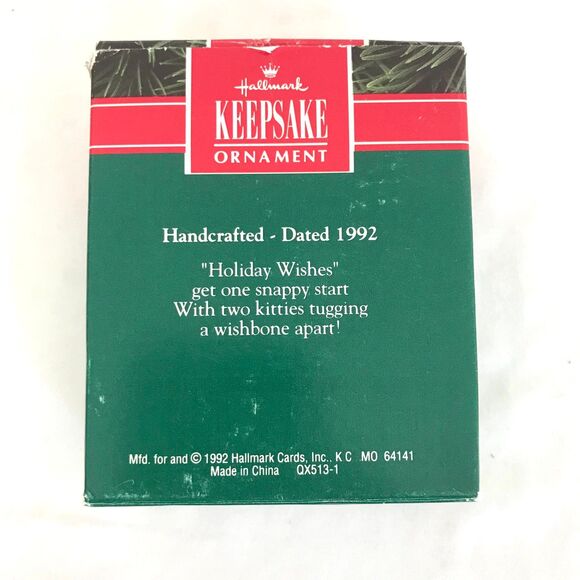 1992 Hallmark Keepsake Holiday Wishes Two Kittens On Wishbone Christmas Ornament - Picture 6 of 7